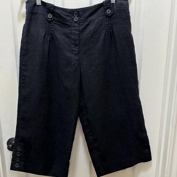 Ann Taylor Loft 100% Linen Pleated Capri Pant Women's Size 12P Black Wide Legs - Picture 1 of 15